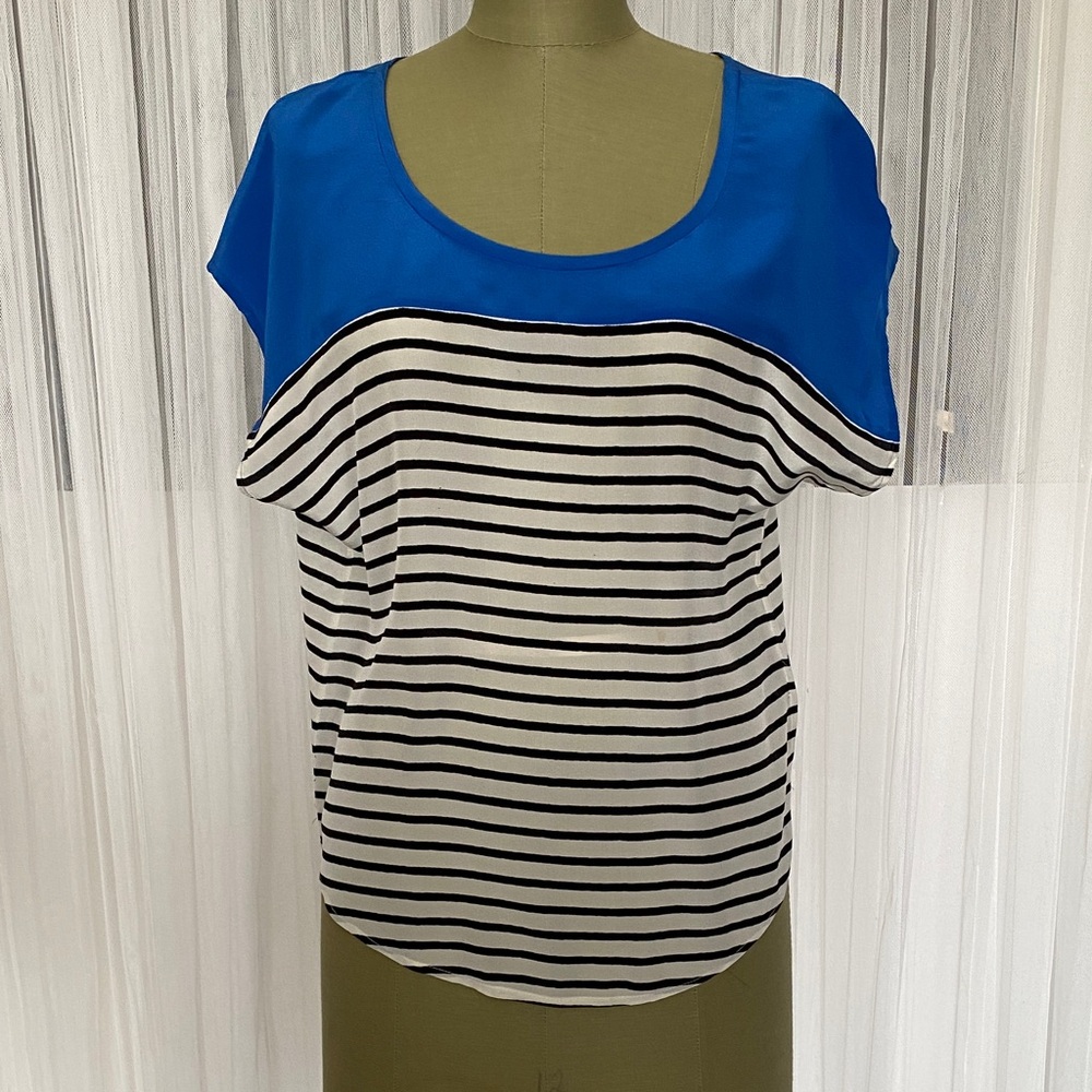 Joie Agacia Blue and Black Striped Scoop Neck Women's 100% Silk Top Size S